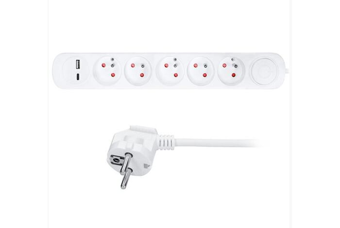 5z prodlužovací přívod s USB A+C nabíječkou 2.4A, 3m, 3 x 1mm2, bílý, vypínač /PP152USBC/